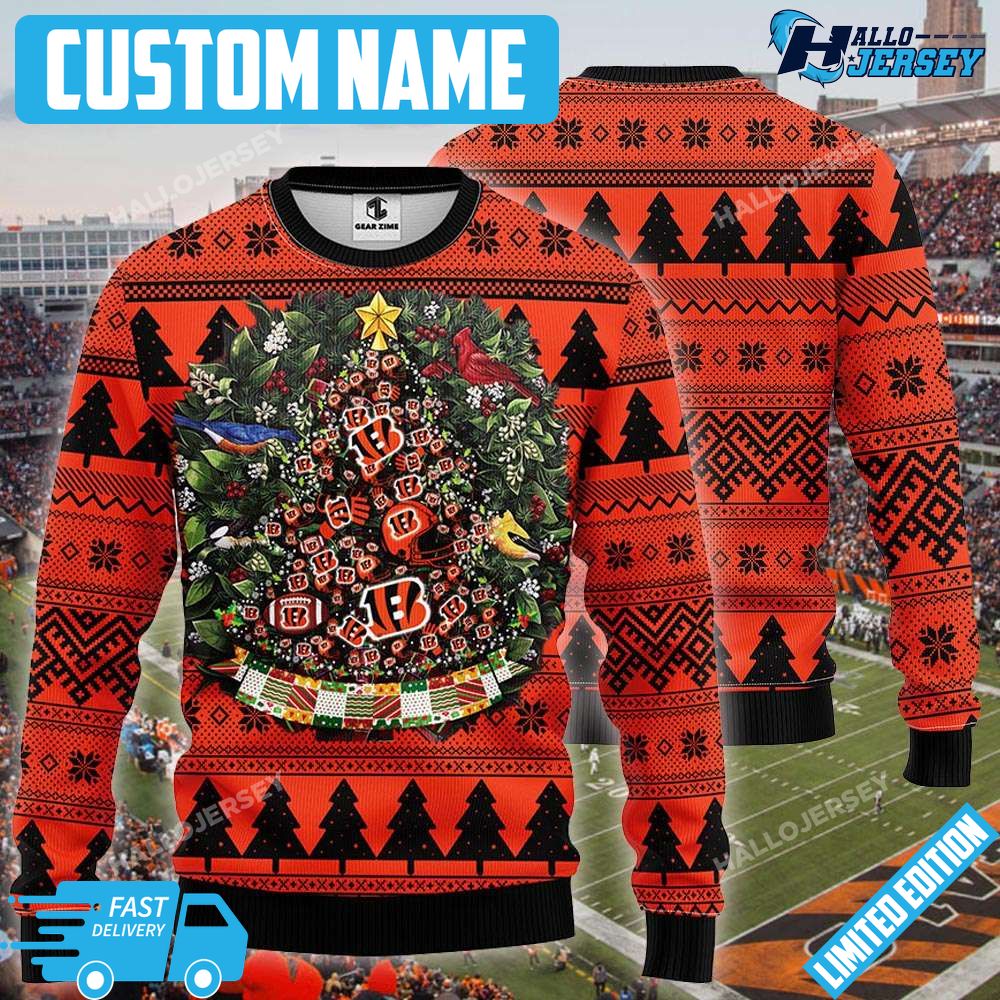 Cincinnati Bengals Christmas Football Pine Tree Shape Ugly Sweater