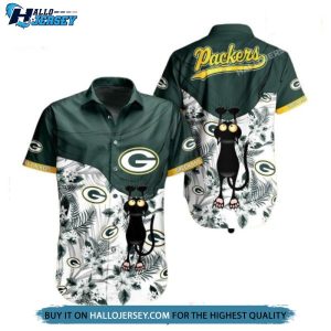 Green Bay Packers Black Cat Graphic Printed Hawaiian Shirt