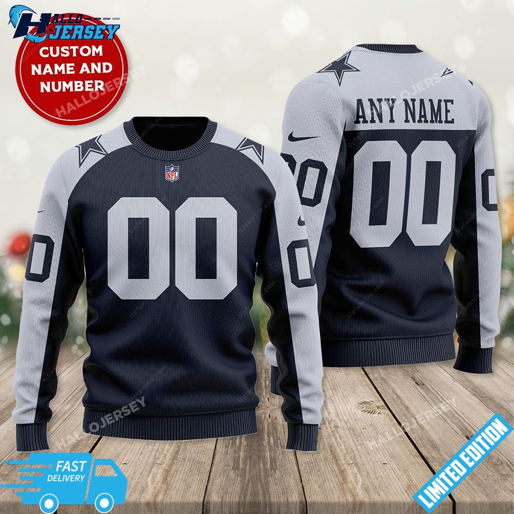 Navy Branded Cowboys Personalized Christmas Sweater