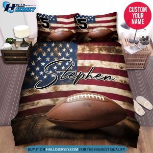 Personalized American Flag And Football Ball Bedding Set