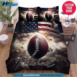 Personalized Football Ball Flying With American Flag Bedding Set