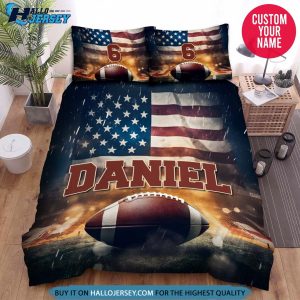 Personalized Football Ball With American Flag On Field Bedding Set