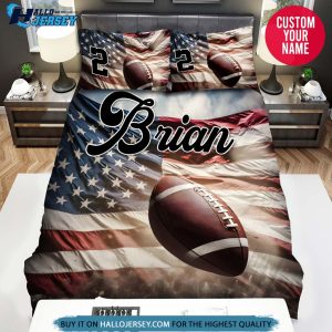 Personalized Football Ball With American Flag On Sky Bedding Set