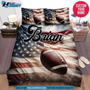 Personalized Football Ball With American Flag On Sky Bedding Set