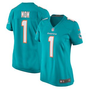 Womens Miami Dolphins Number 1 Mom Game Jersey Aqua