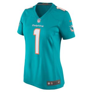 Womens Miami Dolphins Number 1 Mom Game Jersey Aqua