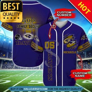 Baltimore Ravens Personalized God First Family Second Baseball Jersey