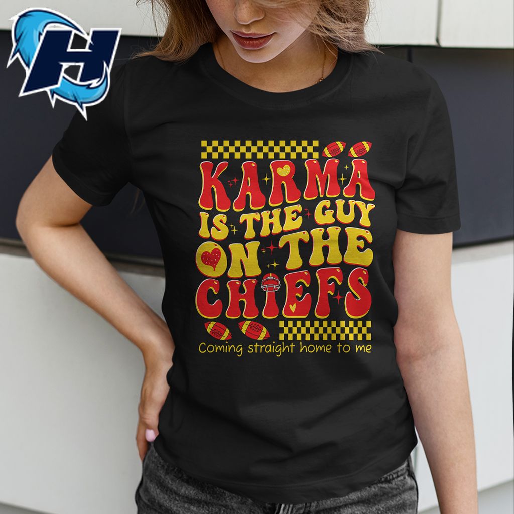 Groovy Travis Kelce Shirt Karma Is the Guy On The Chiefs T-Shirt