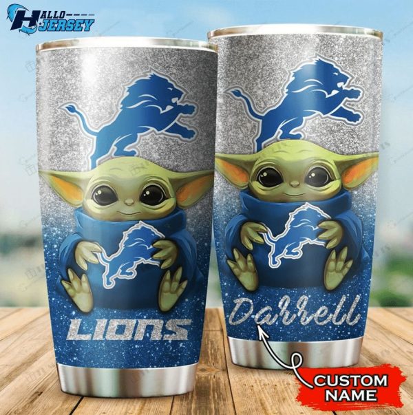 Personalized Name Baby Yoda Hug Detroit Lions Stainless Steel Tumbler