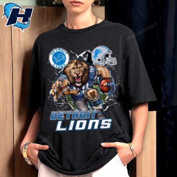 Mascot Breaking Through Wall Detroit Lions T-Shirt